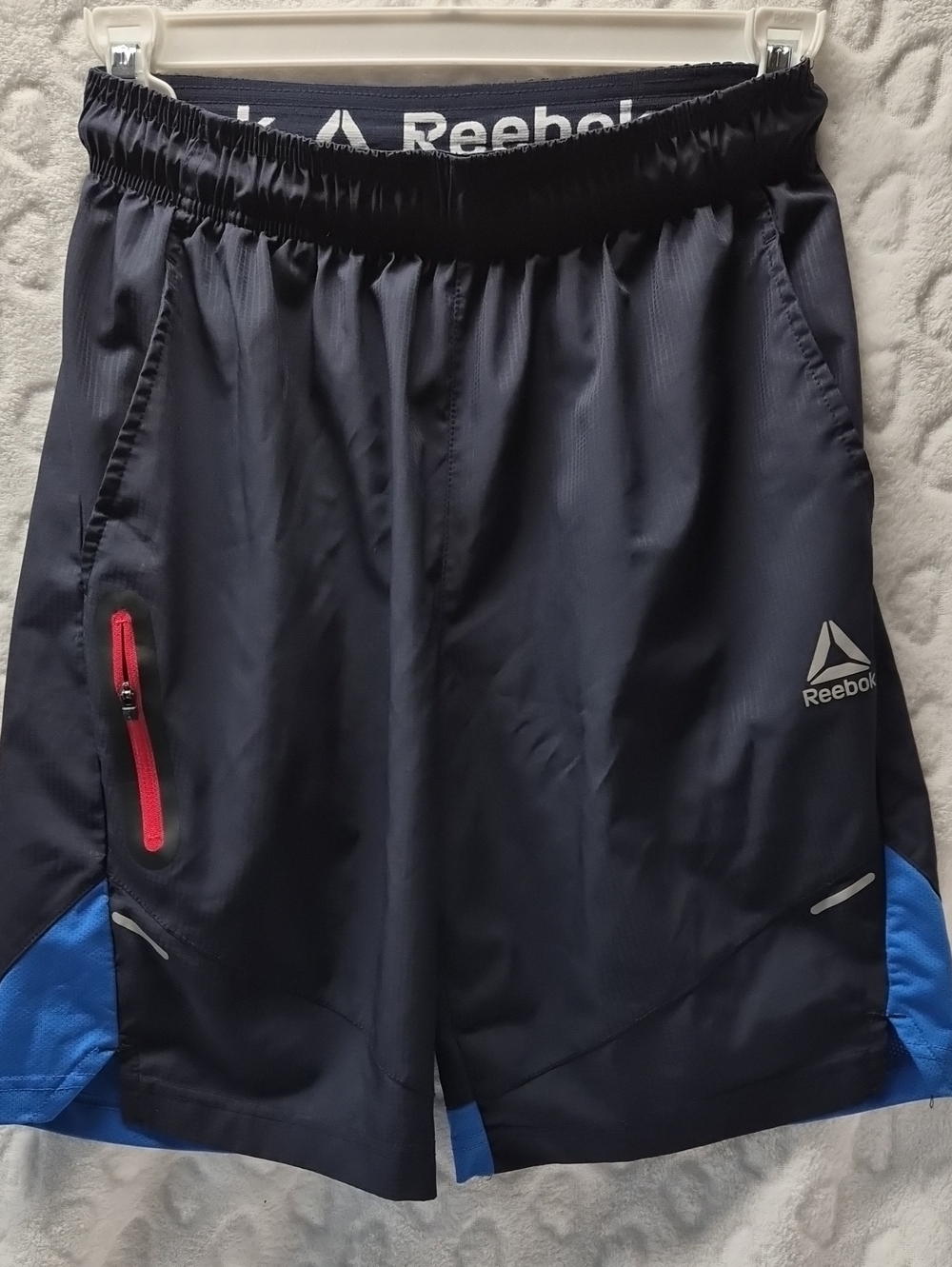 Reebok Men’s Navy Athletic Shorts with Blue Panels and Red Zip